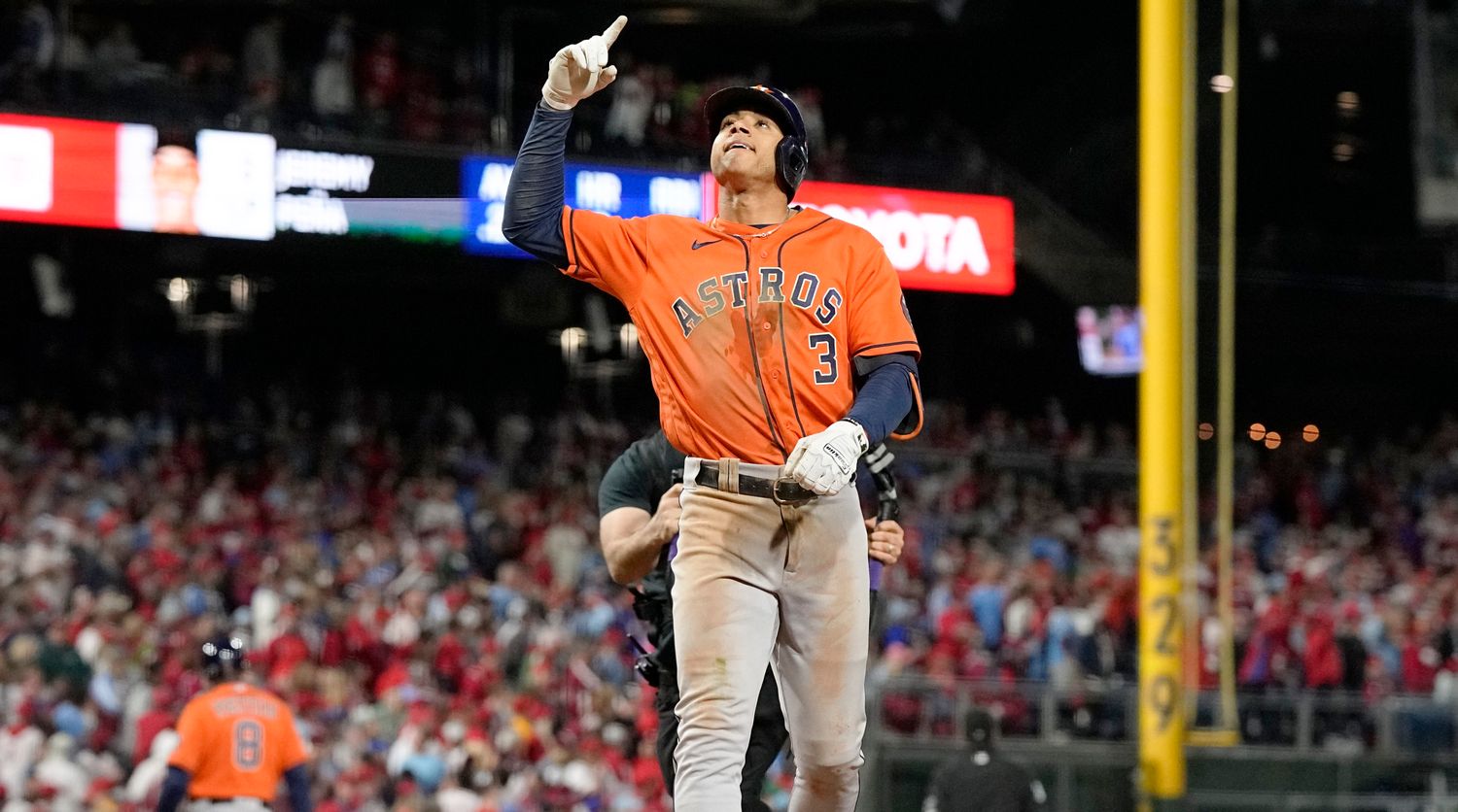 Astros shortstop Jeremy Peña celebrates after hitting a home run in Game 5 of the 2022 World Series.